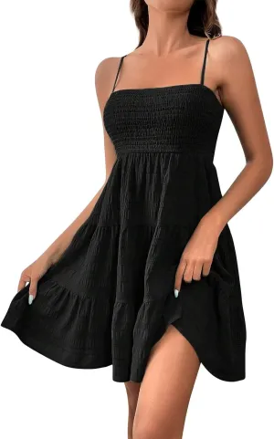 Women's Summer Spaghetti Straps Sleeveless Backless Sundress Flowy Smocked Lace Swing A Line Midi Tank Dress