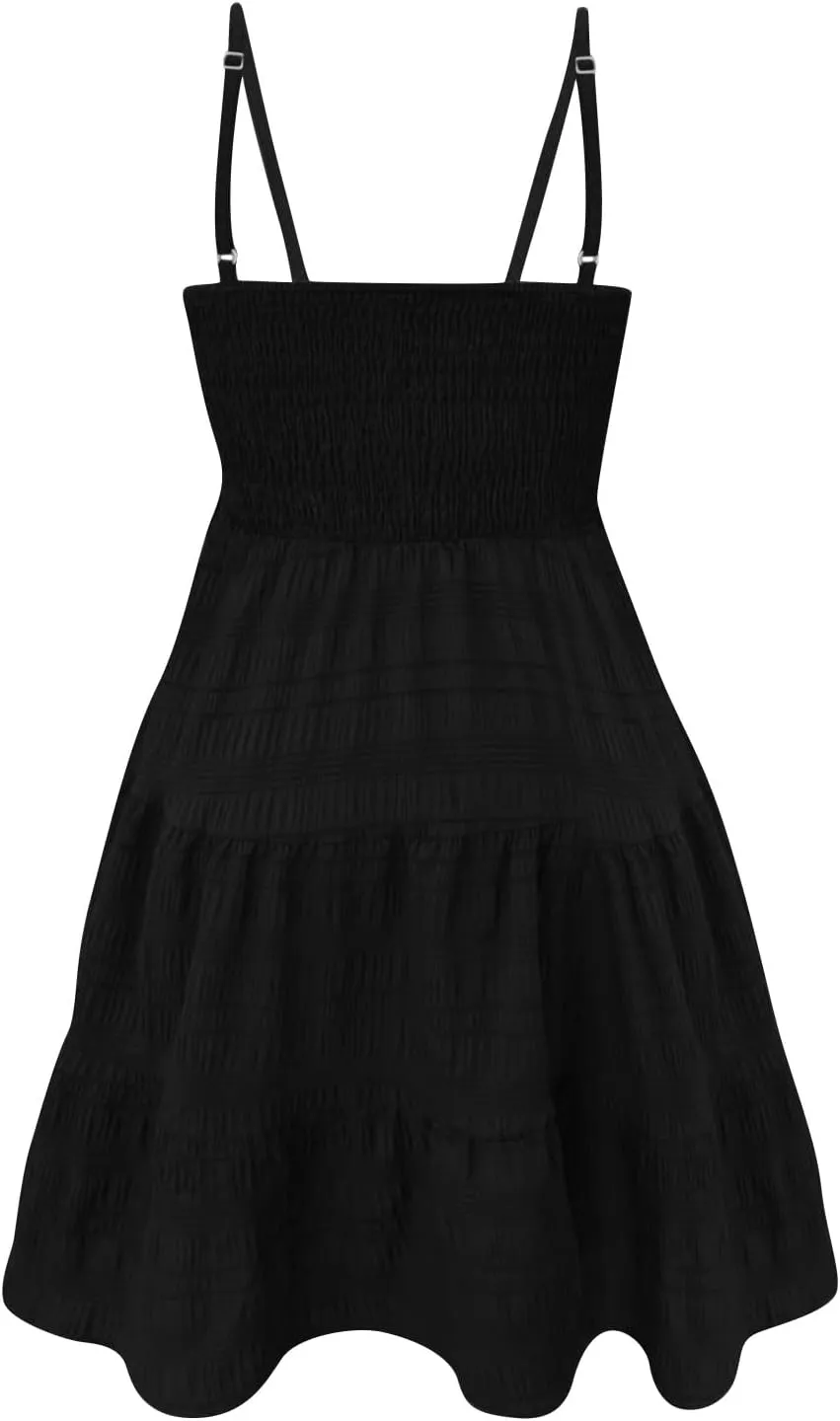 Women's Summer Spaghetti Straps Sleeveless Backless Sundress Flowy Smocked Lace Swing A Line Midi Tank Dress