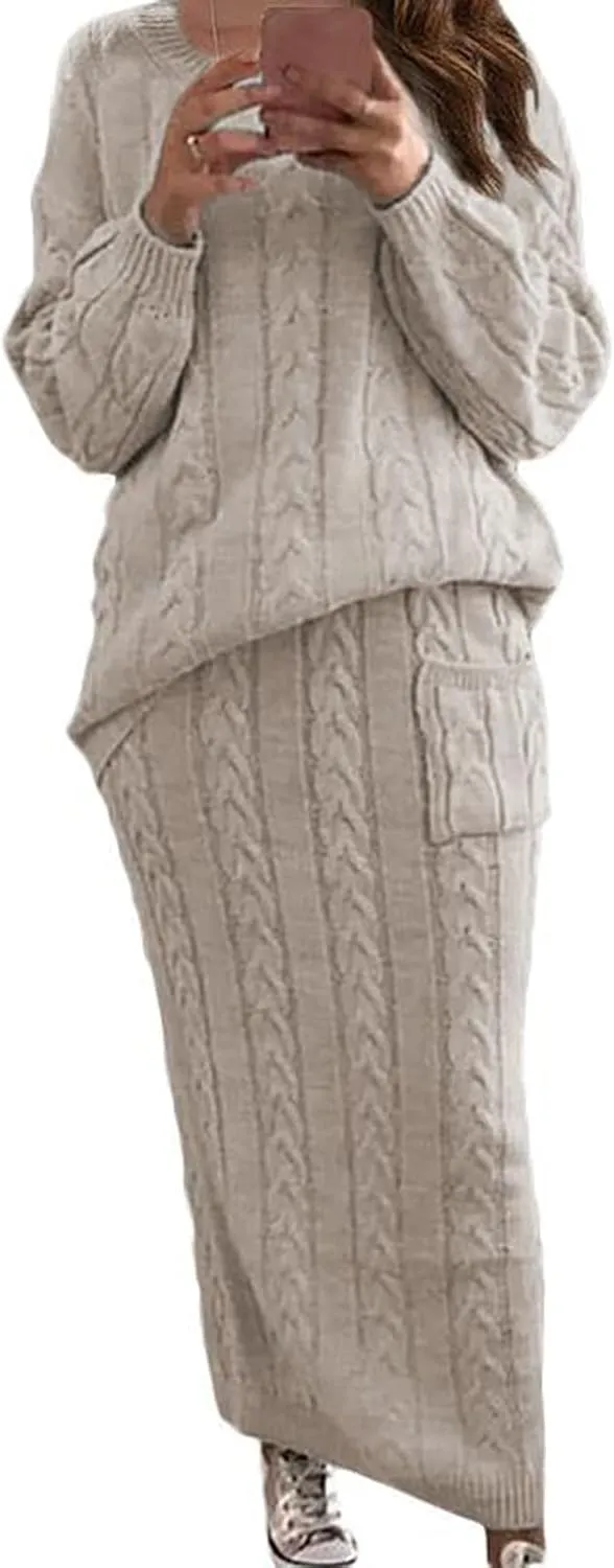 Womens Sweater Skirt Sets Chunky Cable Knit 2 Piece Outfit Winter Casual Crewneck Pullover Sweater and Long Skirts