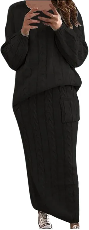 Womens Sweater Skirt Sets Chunky Cable Knit 2 Piece Outfit Winter Casual Crewneck Pullover Sweater and Long Skirts