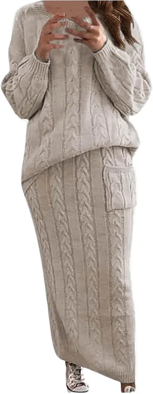 Womens Sweater Skirt Sets Chunky Cable Knit 2 Piece Outfit Winter Casual Crewneck Pullover Sweater and Long Skirts