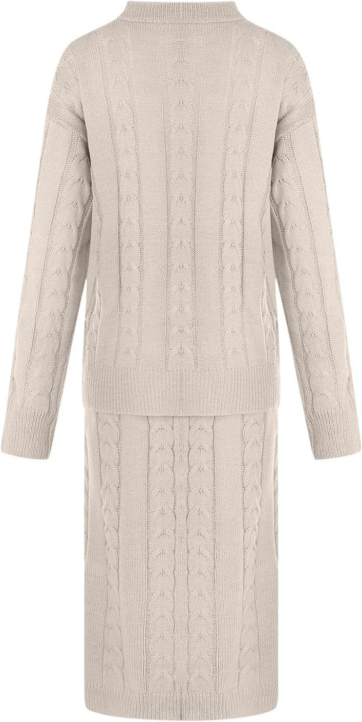 Womens Sweater Skirt Sets Chunky Cable Knit 2 Piece Outfit Winter Casual Crewneck Pullover Sweater and Long Skirts