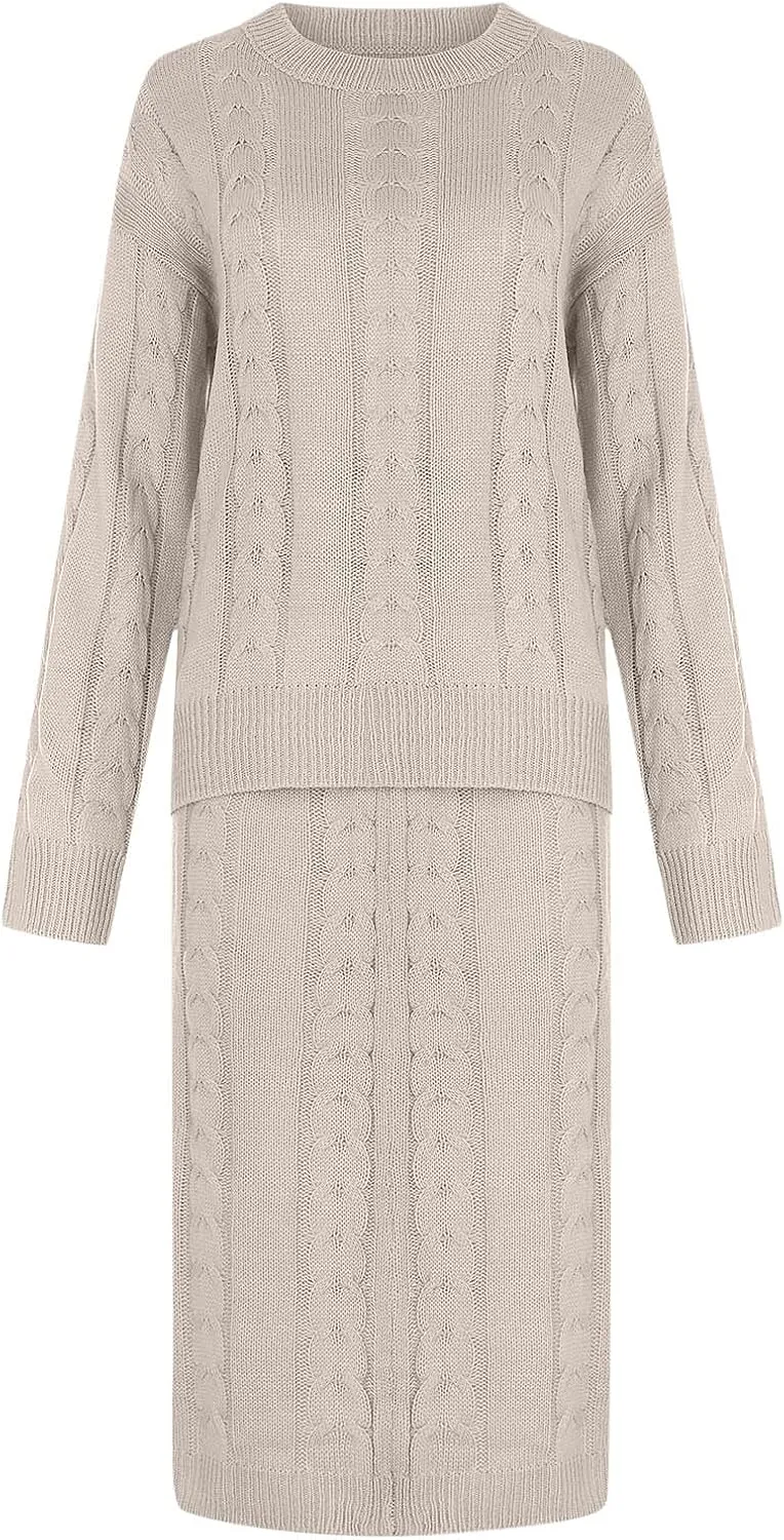 Womens Sweater Skirt Sets Chunky Cable Knit 2 Piece Outfit Winter Casual Crewneck Pullover Sweater and Long Skirts