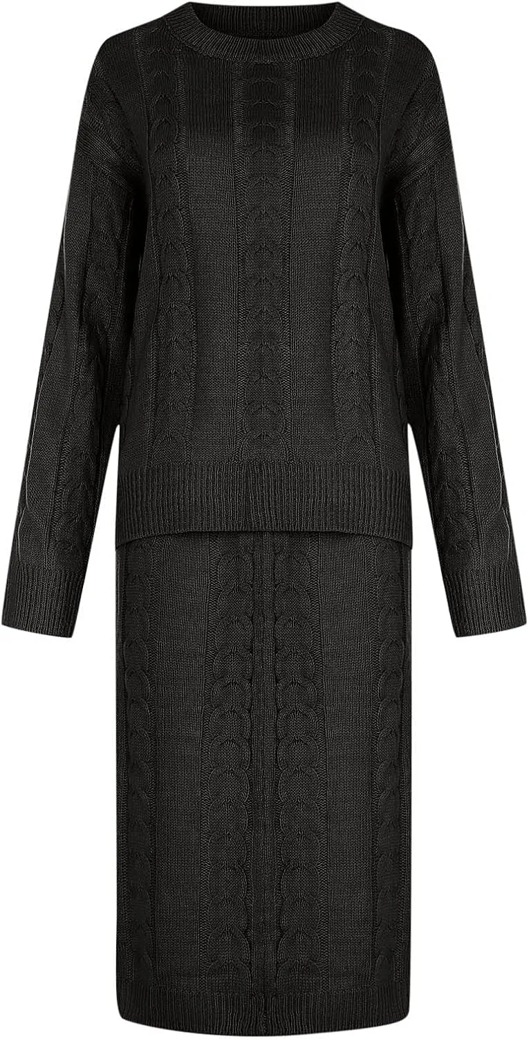 Womens Sweater Skirt Sets Chunky Cable Knit 2 Piece Outfit Winter Casual Crewneck Pullover Sweater and Long Skirts