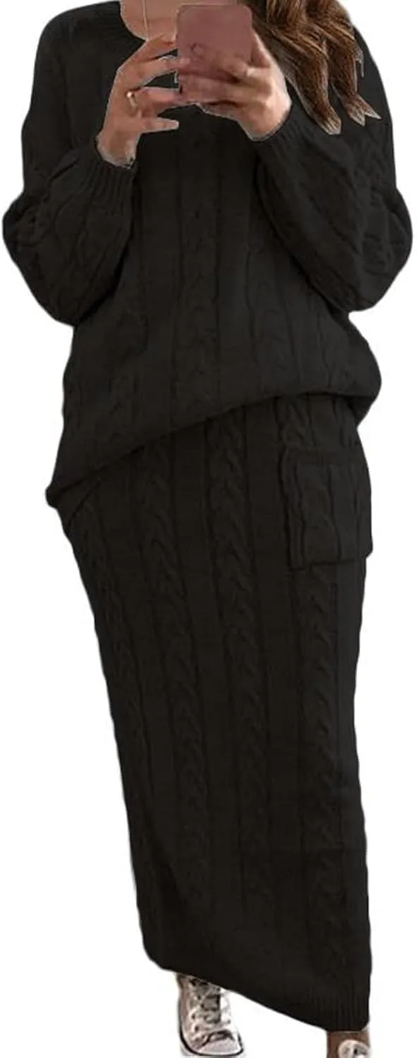 Womens Sweater Skirt Sets Chunky Cable Knit 2 Piece Outfit Winter Casual Crewneck Pullover Sweater and Long Skirts