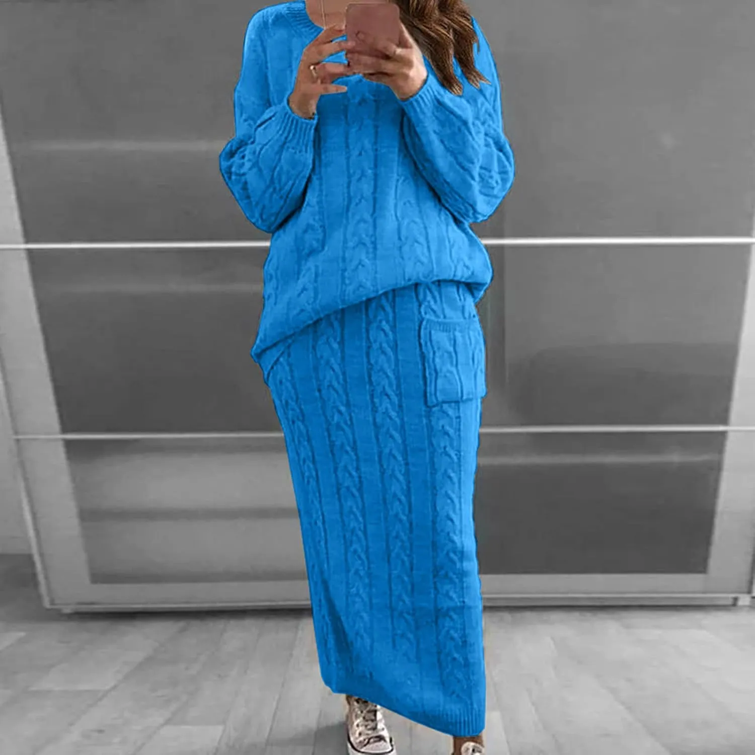 Womens Sweater Skirt Sets Chunky Cable Knit 2 Piece Outfit Winter Casual Crewneck Pullover Sweater and Long Skirts
