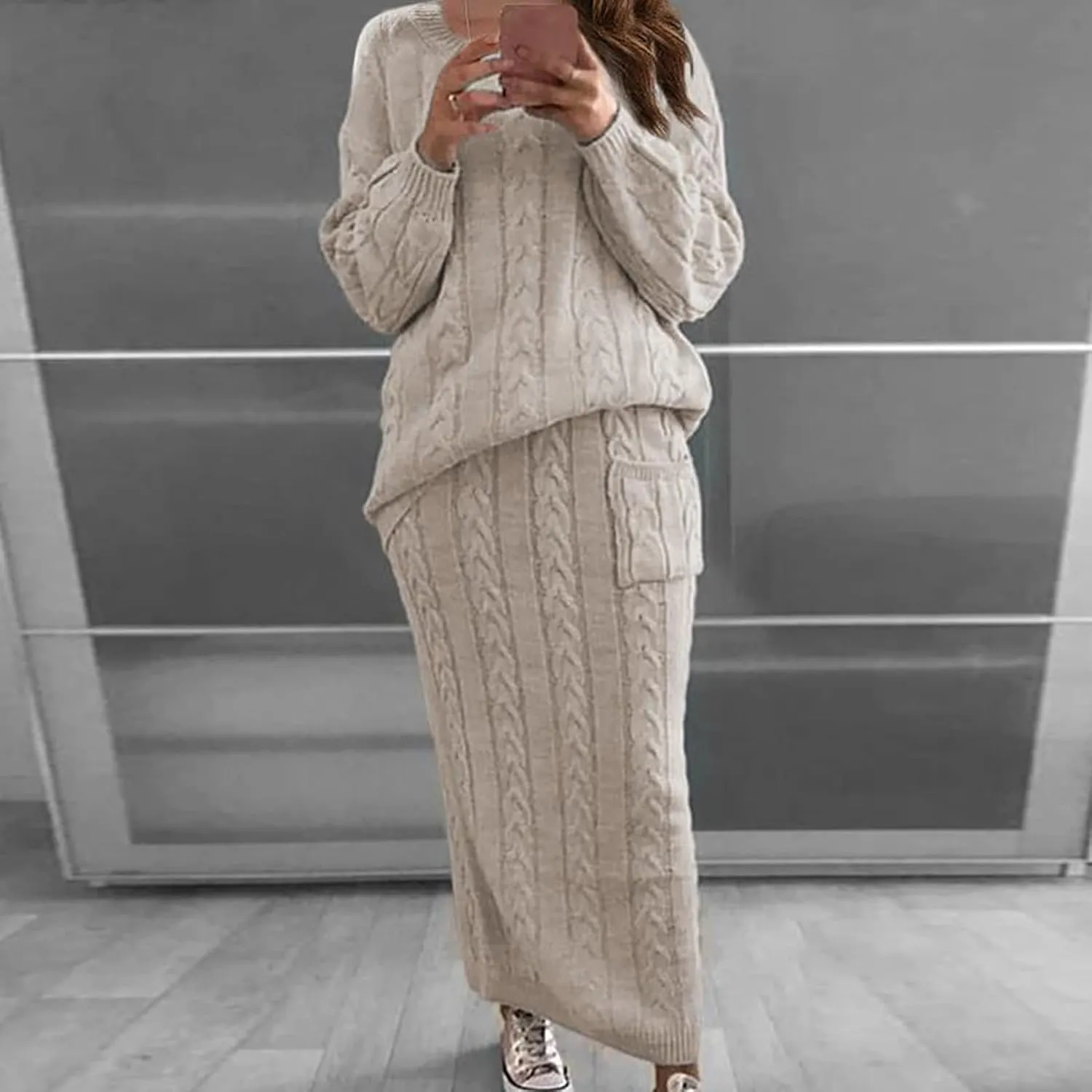 Womens Sweater Skirt Sets Chunky Cable Knit 2 Piece Outfit Winter Casual Crewneck Pullover Sweater and Long Skirts