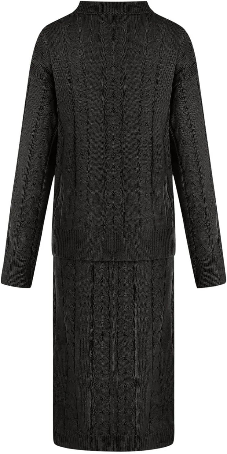 Womens Sweater Skirt Sets Chunky Cable Knit 2 Piece Outfit Winter Casual Crewneck Pullover Sweater and Long Skirts