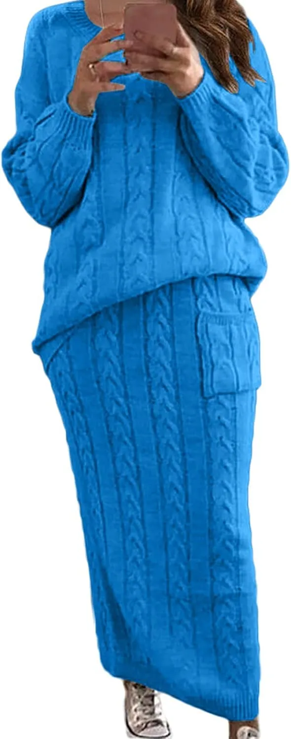 Womens Sweater Skirt Sets Chunky Cable Knit 2 Piece Outfit Winter Casual Crewneck Pullover Sweater and Long Skirts