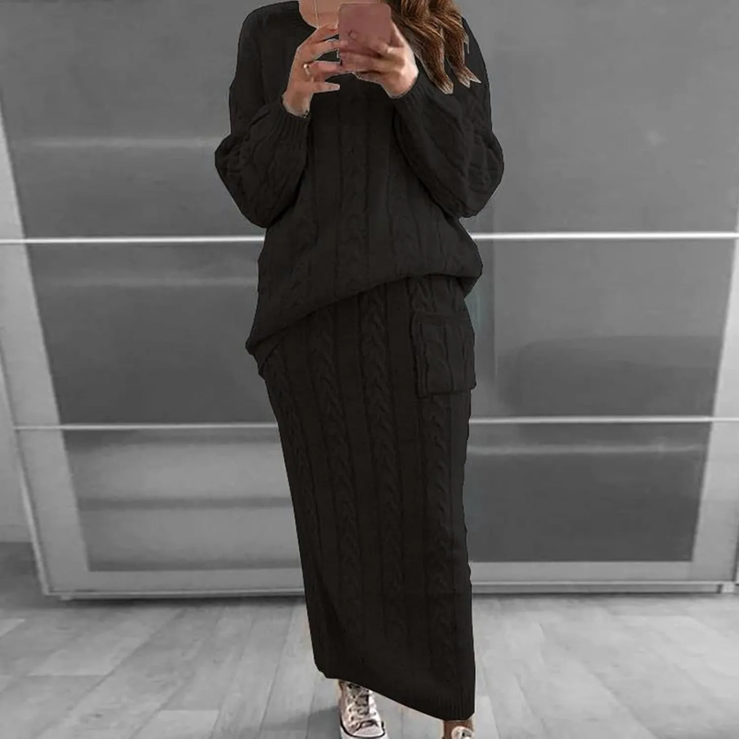 Womens Sweater Skirt Sets Chunky Cable Knit 2 Piece Outfit Winter Casual Crewneck Pullover Sweater and Long Skirts
