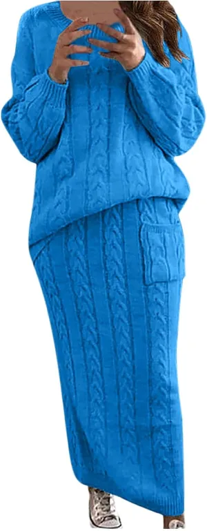 Womens Sweater Skirt Sets Chunky Cable Knit 2 Piece Outfit Winter Casual Crewneck Pullover Sweater and Long Skirts