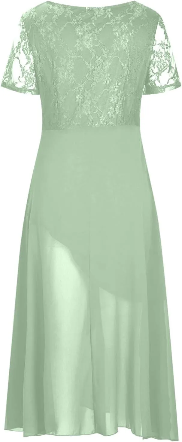 Women's V-Neck Mother of The Bride Dresses Lace Chiffon Wedding Guest Dress Short Sleeve Formal Evening Party Gowns