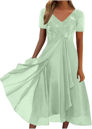 Women's V-Neck Mother of The Bride Dresses Lace Chiffon Wedding Guest Dress Short Sleeve Formal Evening Party Gowns