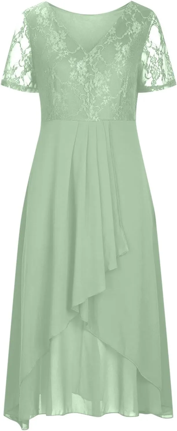 Women's V-Neck Mother of The Bride Dresses Lace Chiffon Wedding Guest Dress Short Sleeve Formal Evening Party Gowns