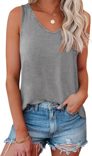 Womens V Neck Tank Top Sleeveless Loose Fit Flowy Shirts Summer Outfit Clothes
