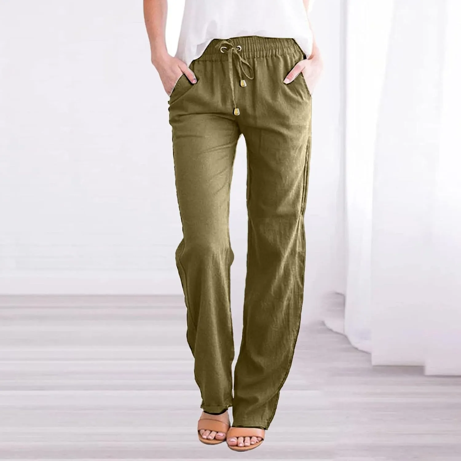 Women's Wide Leg Pants Winter Highwaisted Beach Pants with Pockets Fleece Lined Elastic Waist