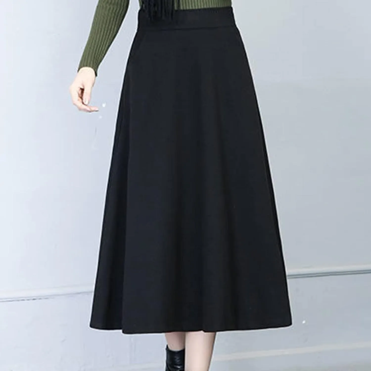 Womens Winter Vintage High Elastic Waist A Line Pleated Wool Midi Skirt 50S Pleated Midi Skirt A-Line Vintage Swing Skirt