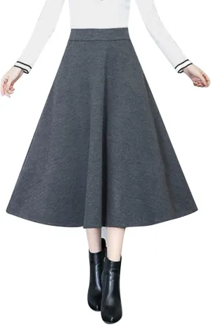 Womens Winter Vintage High Elastic Waist A Line Pleated Wool Midi Skirt 50S Pleated Midi Skirt A-Line Vintage Swing Skirt