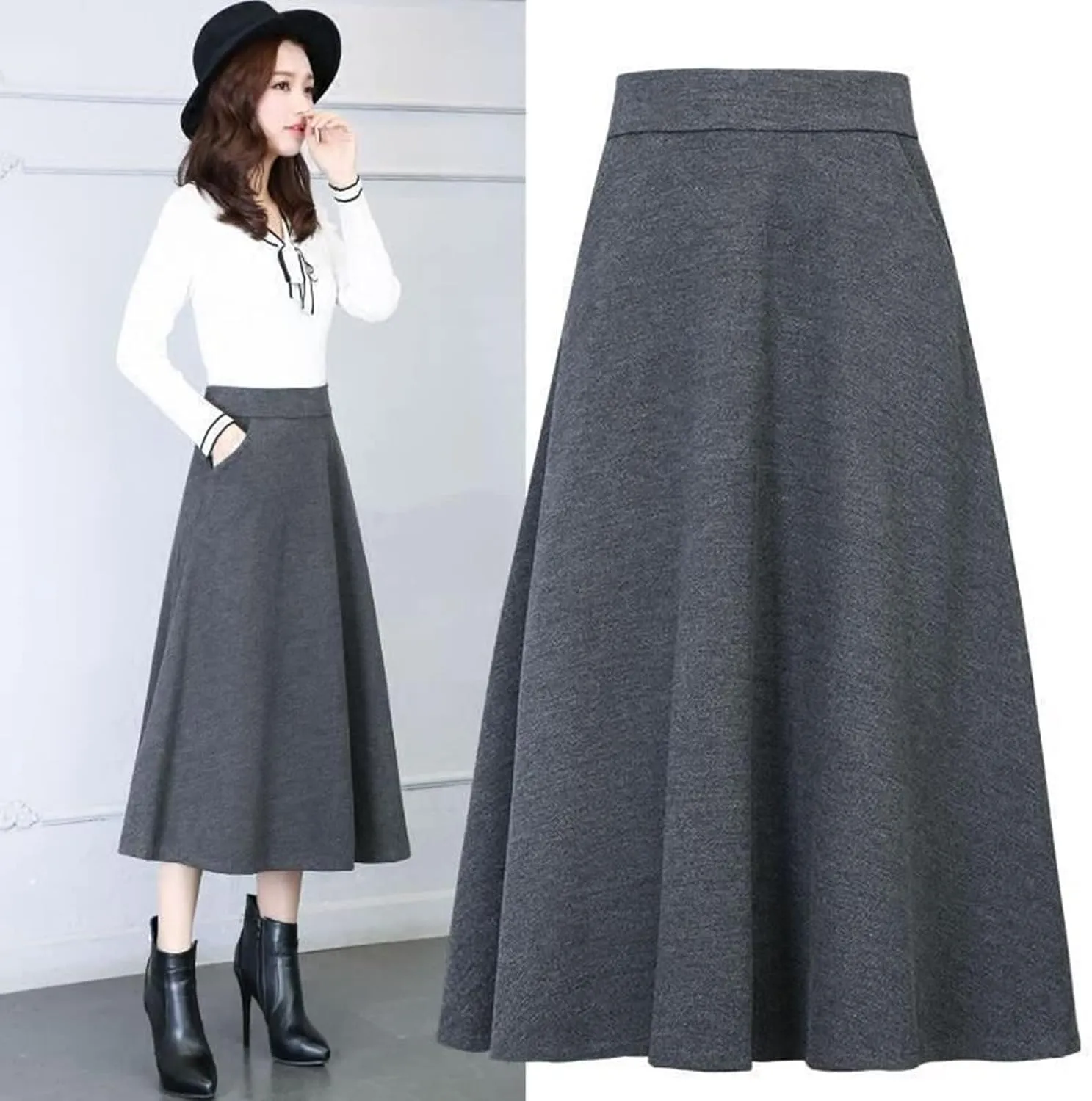 Womens Winter Vintage High Elastic Waist A Line Pleated Wool Midi Skirt 50S Pleated Midi Skirt A-Line Vintage Swing Skirt