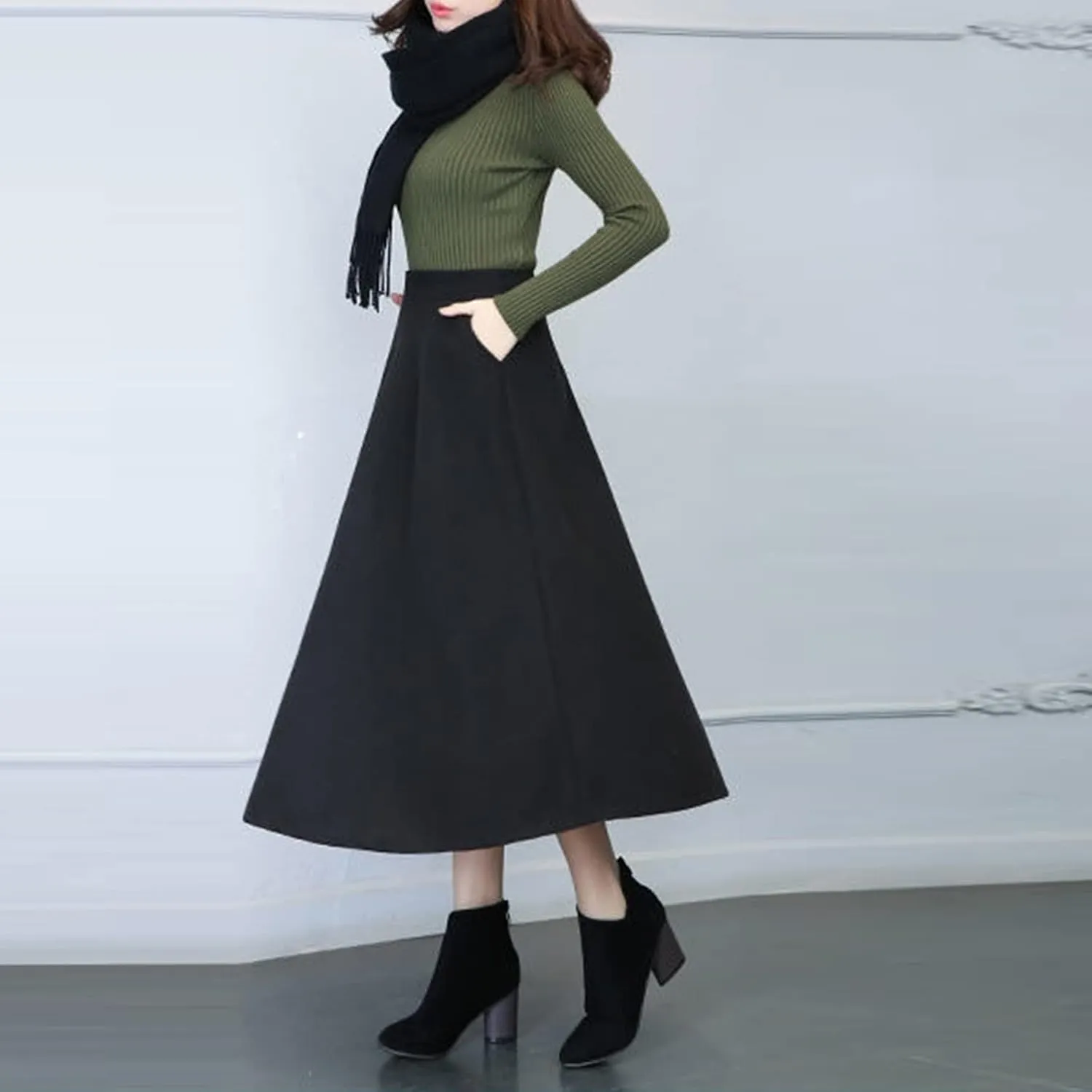 Womens Winter Vintage High Elastic Waist A Line Pleated Wool Midi Skirt 50S Pleated Midi Skirt A-Line Vintage Swing Skirt
