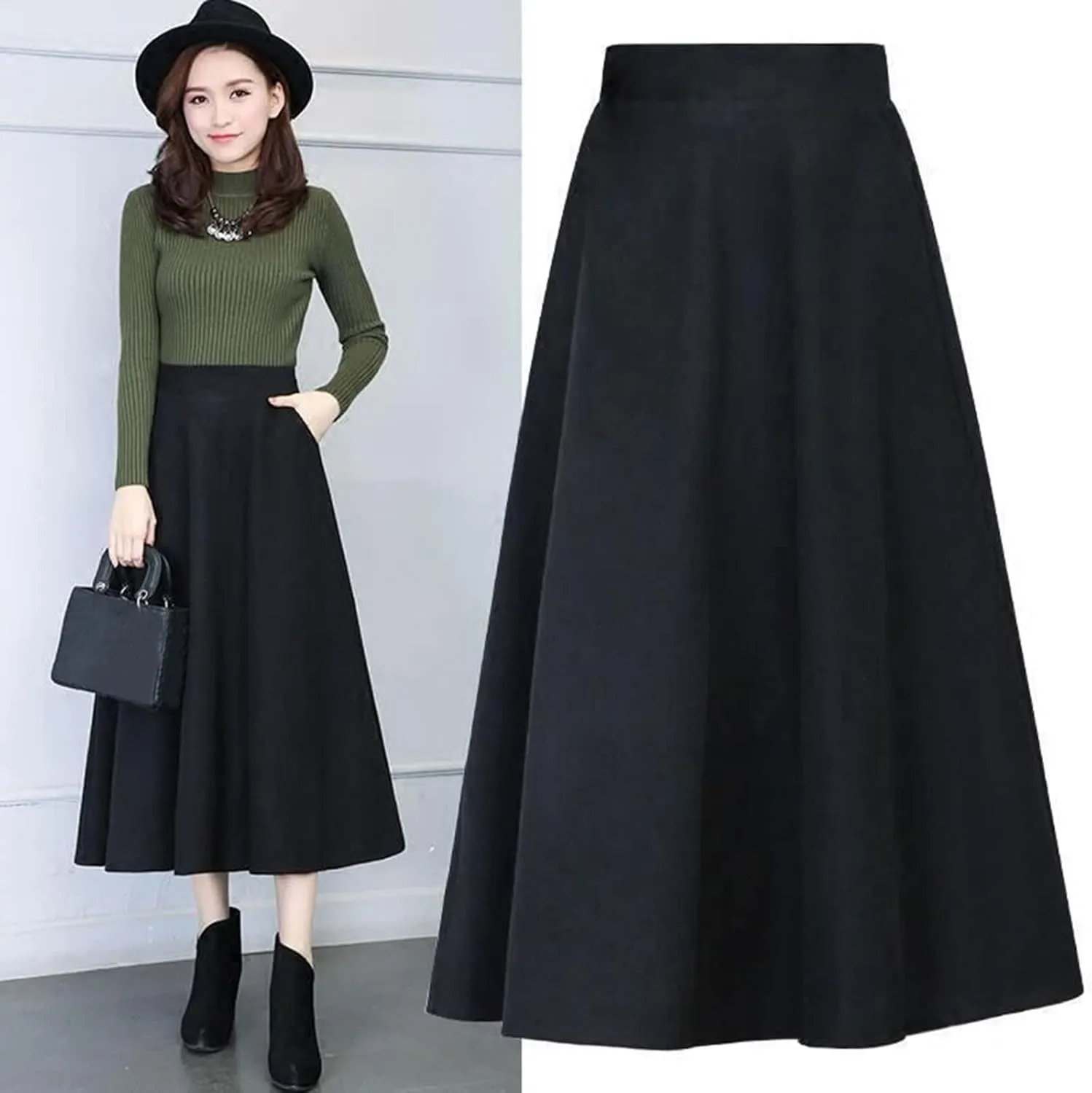 Womens Winter Vintage High Elastic Waist A Line Pleated Wool Midi Skirt 50S Pleated Midi Skirt A-Line Vintage Swing Skirt