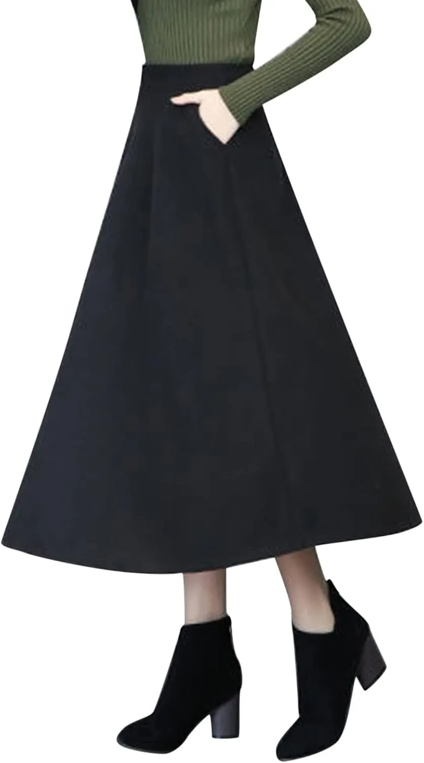 Womens Winter Vintage High Elastic Waist A Line Pleated Wool Midi Skirt 50S Pleated Midi Skirt A-Line Vintage Swing Skirt