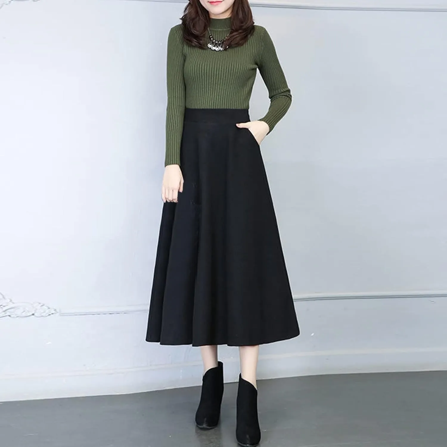 Womens Winter Vintage High Elastic Waist A Line Pleated Wool Midi Skirt 50S Pleated Midi Skirt A-Line Vintage Swing Skirt