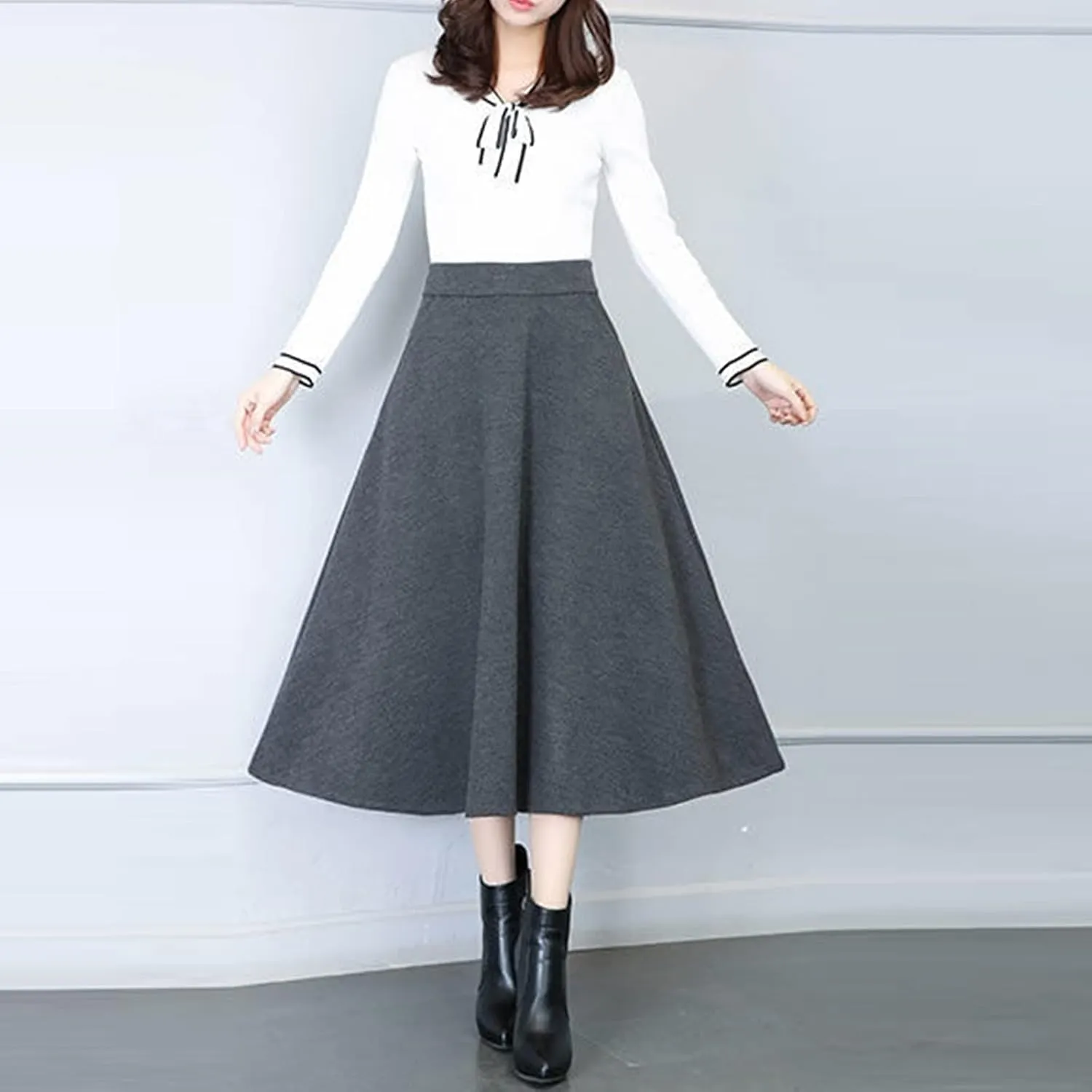 Womens Winter Vintage High Elastic Waist A Line Pleated Wool Midi Skirt 50S Pleated Midi Skirt A-Line Vintage Swing Skirt