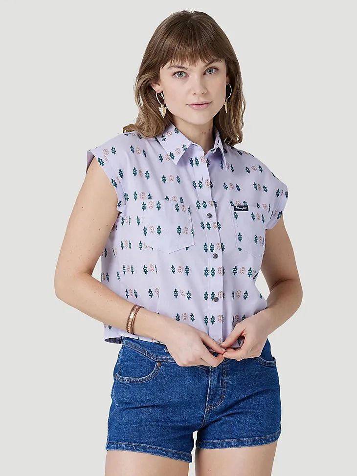 WOMEN'S WRANGLER RETRO DOBBY BUTTON UP SHIRT IN LIGHT PURPLE