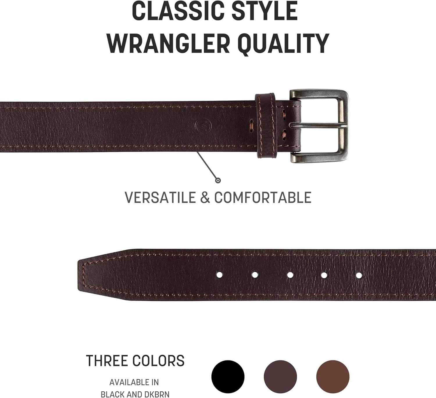 Wrangler Mens Leather Belt, Country Casual Every Day Belt for Jeans