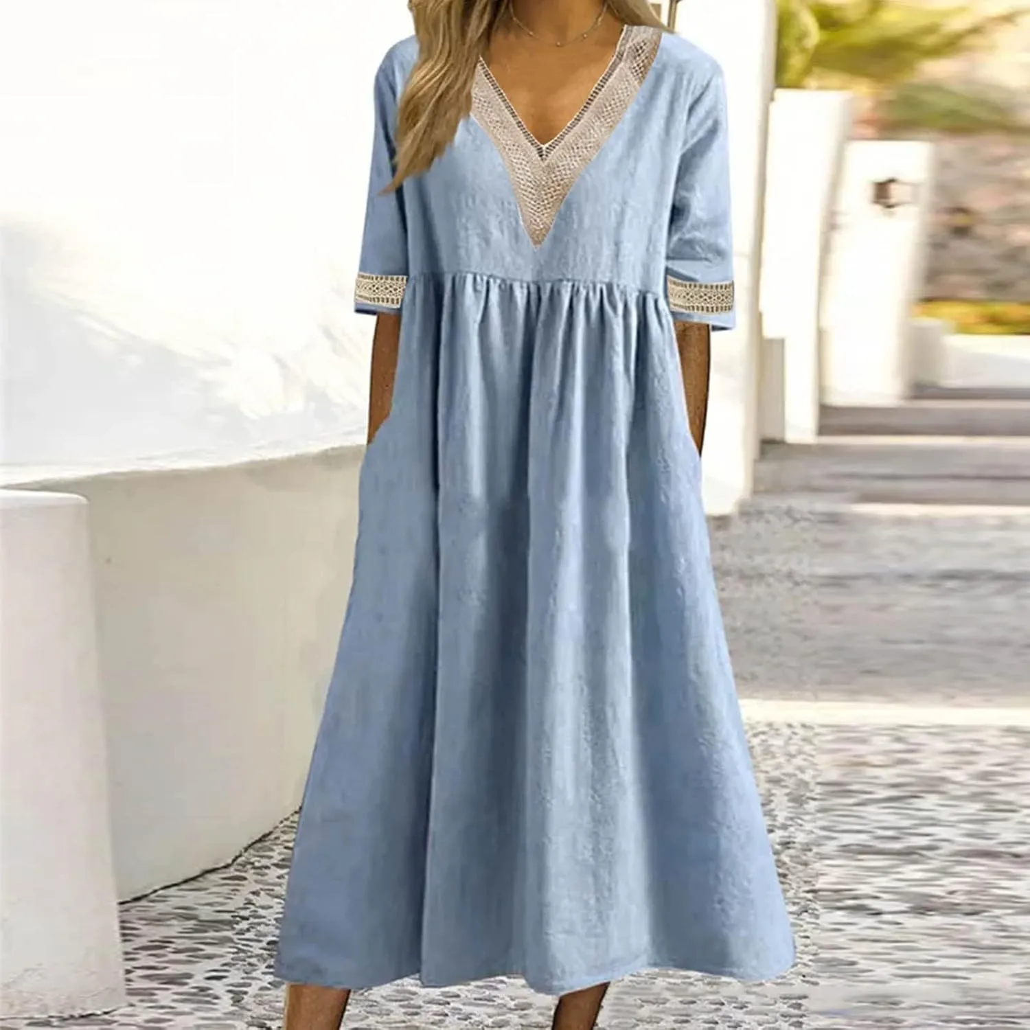 XUNRYAN 2025 Dresses Women Summer Casual Button Flowy Pleated Short Sleeve V-Neck Knee Length Midi Dress Beach Sundress