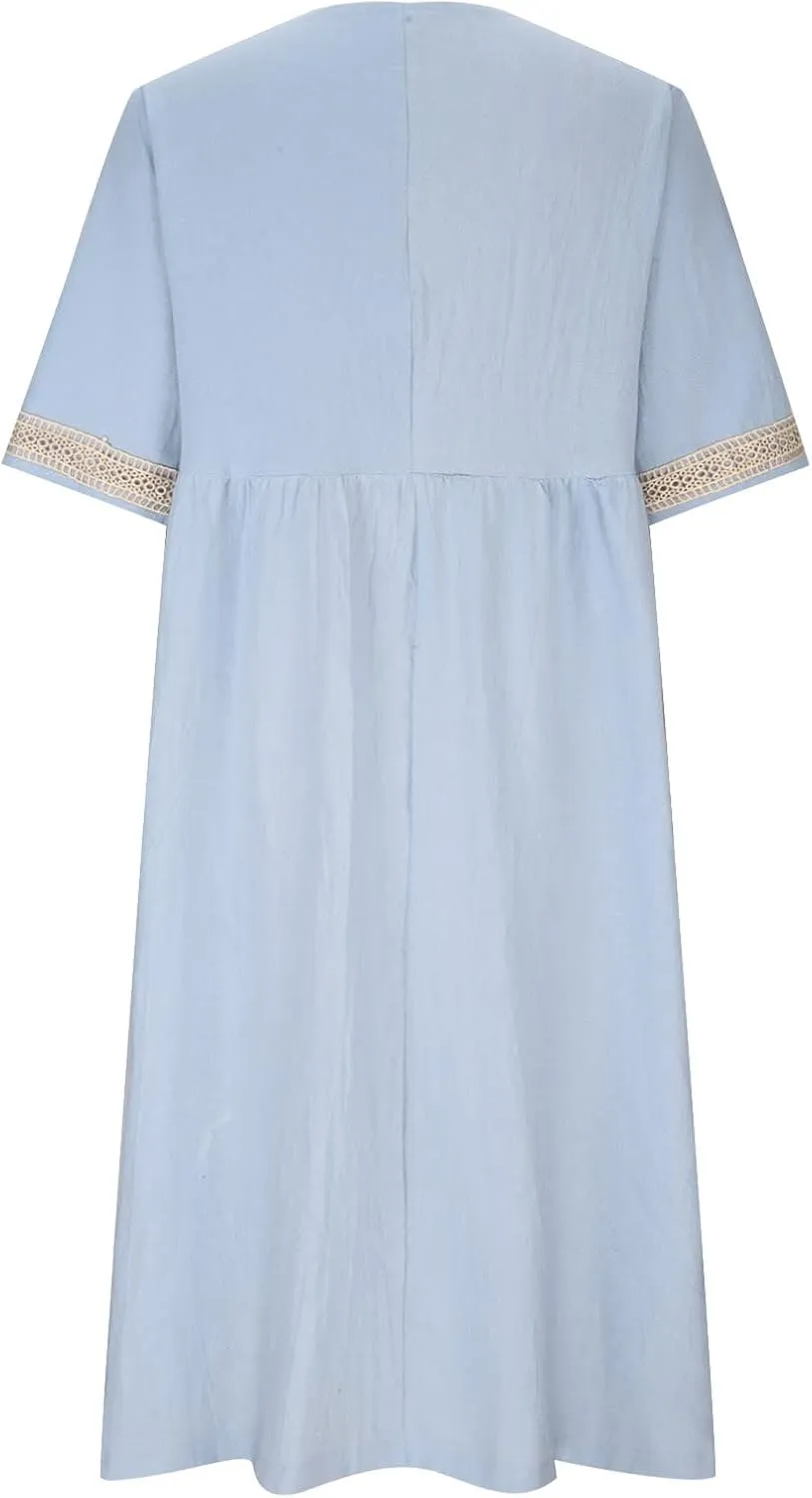 XUNRYAN 2025 Dresses Women Summer Casual Button Flowy Pleated Short Sleeve V-Neck Knee Length Midi Dress Beach Sundress