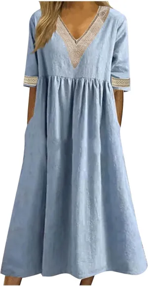 XUNRYAN 2025 Dresses Women Summer Casual Button Flowy Pleated Short Sleeve V-Neck Knee Length Midi Dress Beach Sundress
