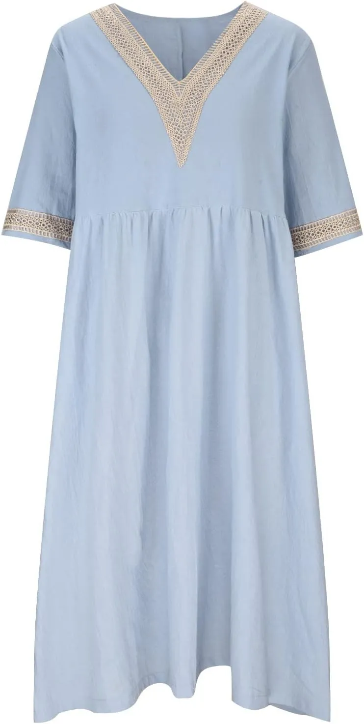XUNRYAN 2025 Dresses Women Summer Casual Button Flowy Pleated Short Sleeve V-Neck Knee Length Midi Dress Beach Sundress