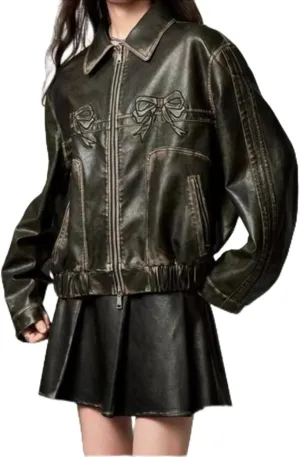 Y2k Leather Jacket Bowknot Bowtie Graphic Motorcycle Jacket Womens Vintage Crop Oversized Grunge Clothes