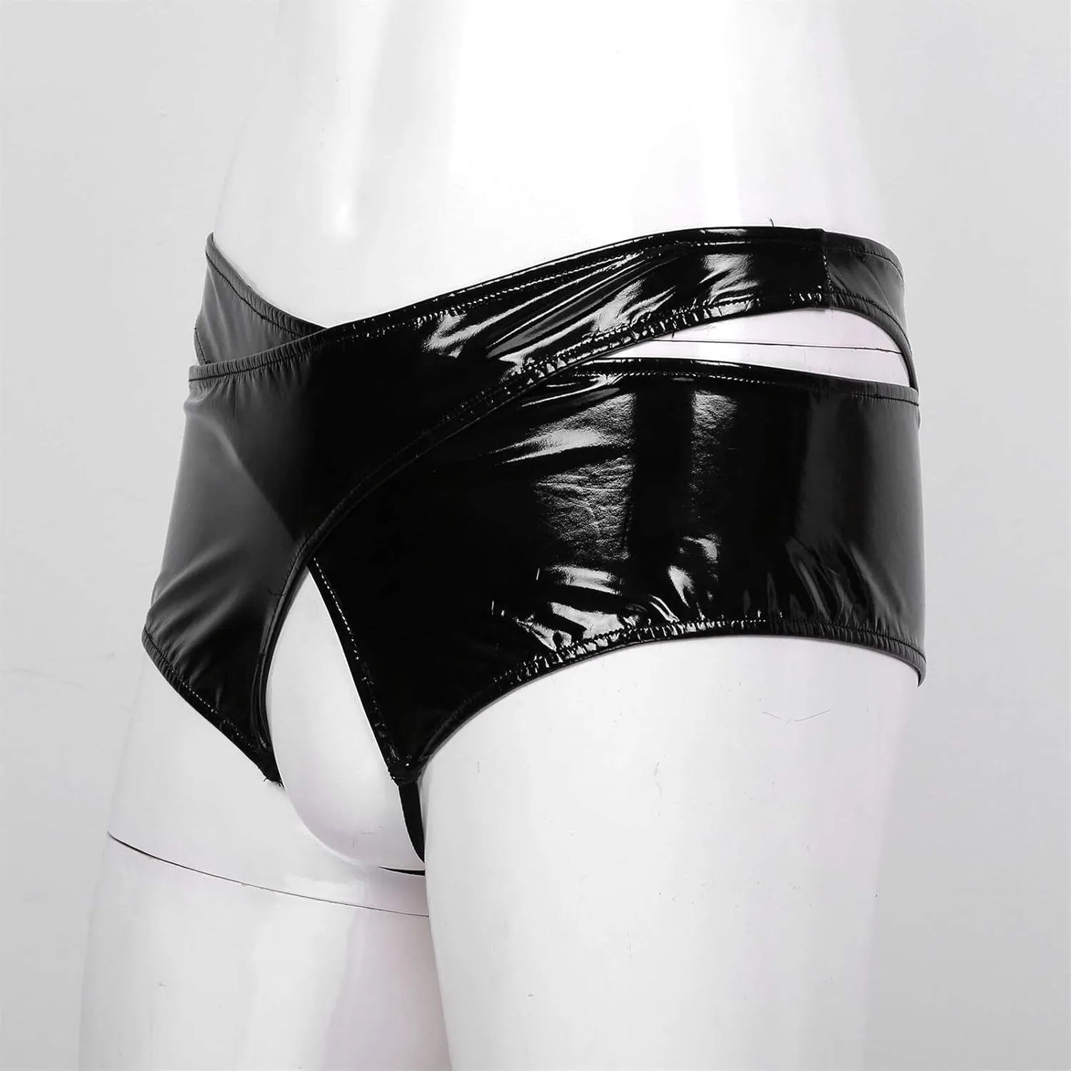YINGJUN Mens Lingerie Underwear Front With Hole Faux Leather Black 2-Piece Pants Exotic Apparel
