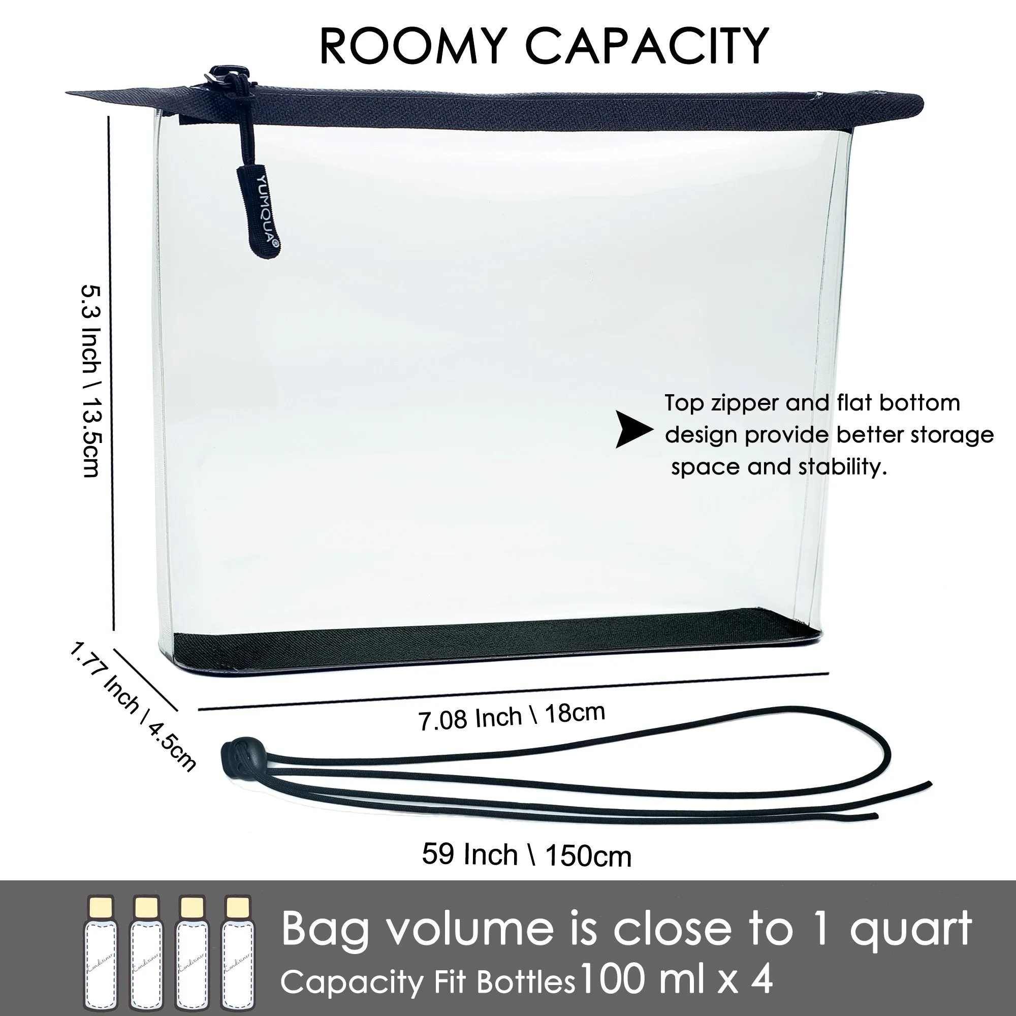 YUMQUA Clear Toiletry Bag, 2 Pack TSA Approved Travel Toiletry Bag with Strap Airport Airline Quart Size Bags TPU Cosmetic Pouch Makeup Bags Carry on Travel Accessories
