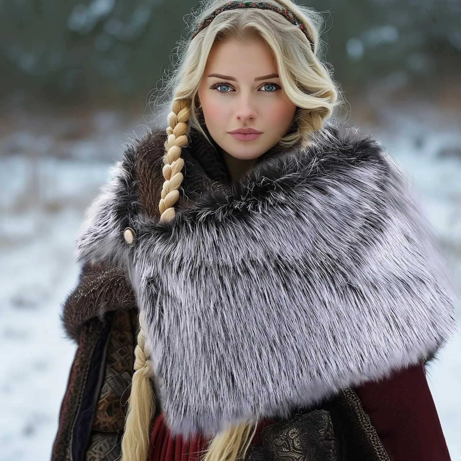 Zcargel Women's Viking Cloak Faux Fur Shoulder Collar For Viking Queen Costume Halloween Cloak Winter Warm Shoulder Wrap