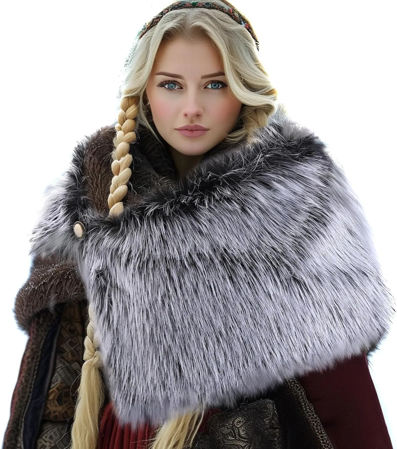 Zcargel Women's Viking Cloak Faux Fur Shoulder Collar For Viking Queen Costume Halloween Cloak Winter Warm Shoulder Wrap