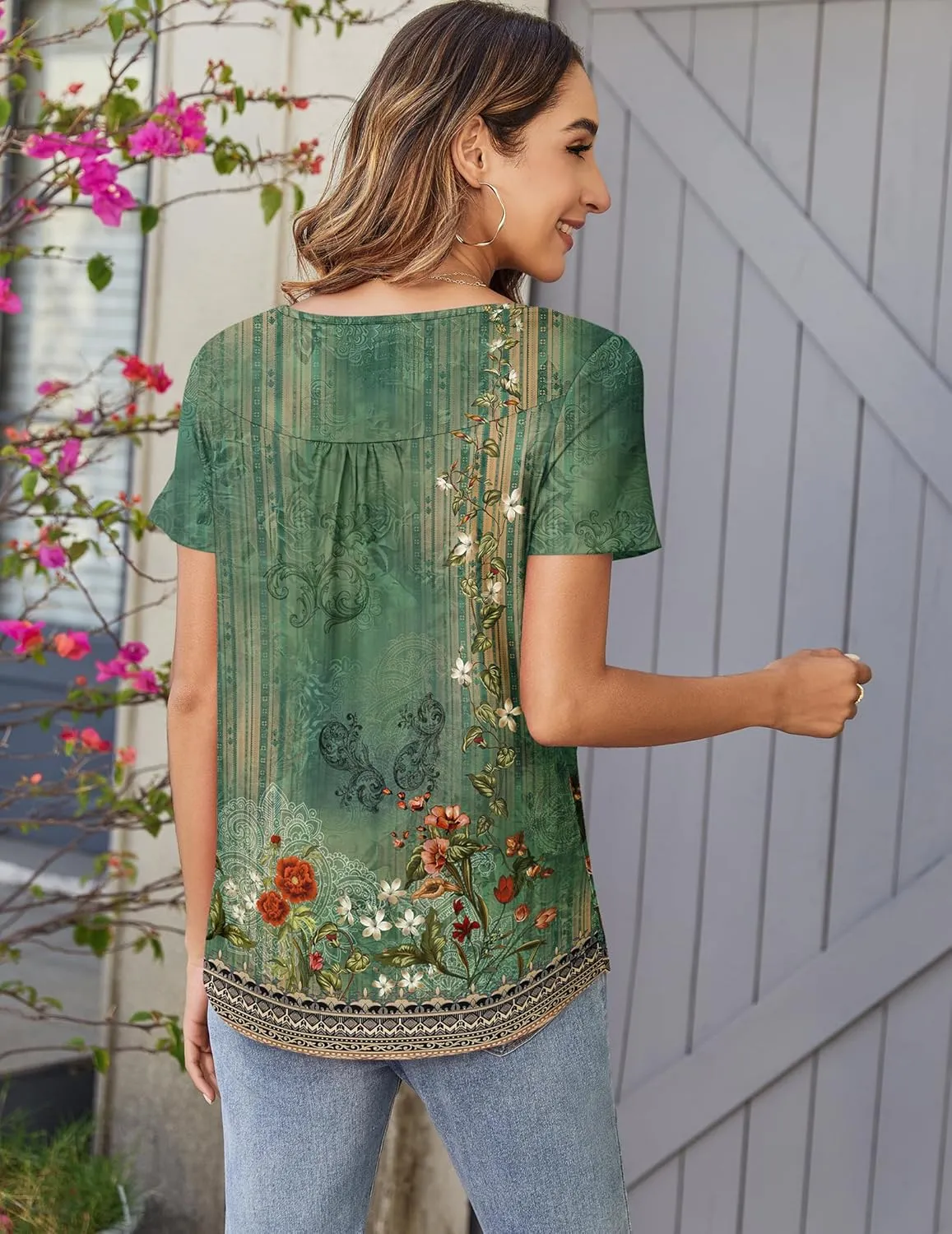 Zeagoo Women Tunic Tops Dressy Casual Summer Short Sleeve Shirts Floral Loose Fit Pleated Boho Top S-XXL