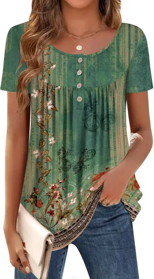 Zeagoo Women Tunic Tops Dressy Casual Summer Short Sleeve Shirts Floral Loose Fit Pleated Boho Top S-XXL