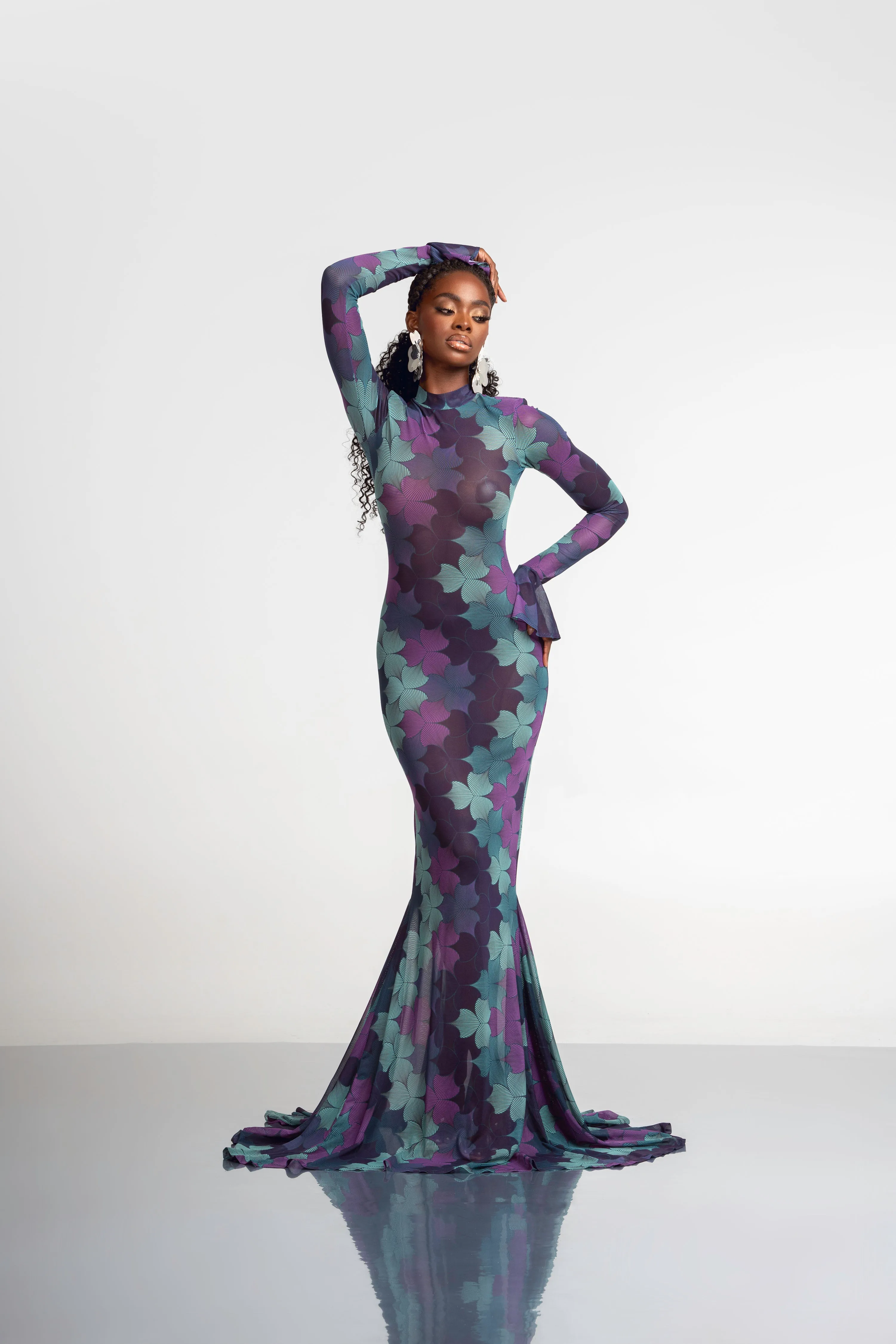 ZURI LONG SLEEVE MAXI MESH DRESS